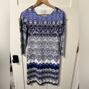 Donna Morgan long sleeve mid length stretch dress shades of Blue pattern